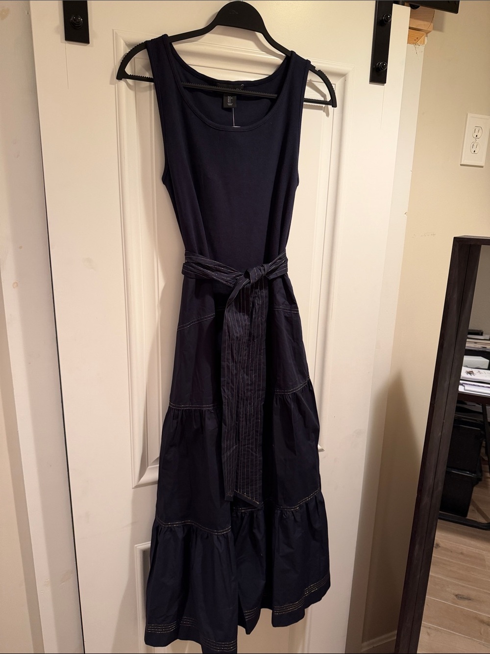 Tahari Navy Sleeveless Midi Dress with Tie Waist Gold stitching